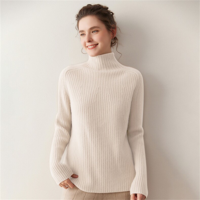 软糯坑条山羊绒衫女修身厚毛衣2025秋冬半高领套头针织打底衫内搭，女装针织衫/毛衣，溪贝羊绒