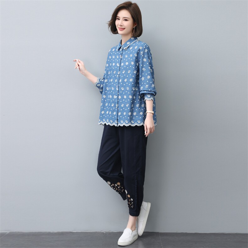 套装女2022秋季新款时尚休闲妈妈两件套牛仔绣花，女装大码女装，奕阳依阁