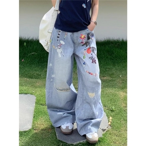 蝴蝶花朵高腰直筒牛仔裤女夏季新款时尚宽松窄版休闲拖地阔腿长裤图片