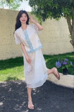 米白色提花刺绣连衣裙马甲两件套女夏巨好看高级感新中式国风套装，女装套装/套裙，2D078