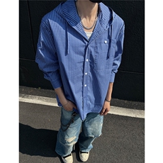 25夏季慵懒连帽休闲宽松弯刀袖薄防晒衣格纹连帽衬衫男H1072P68，男装衬衫，电商A341