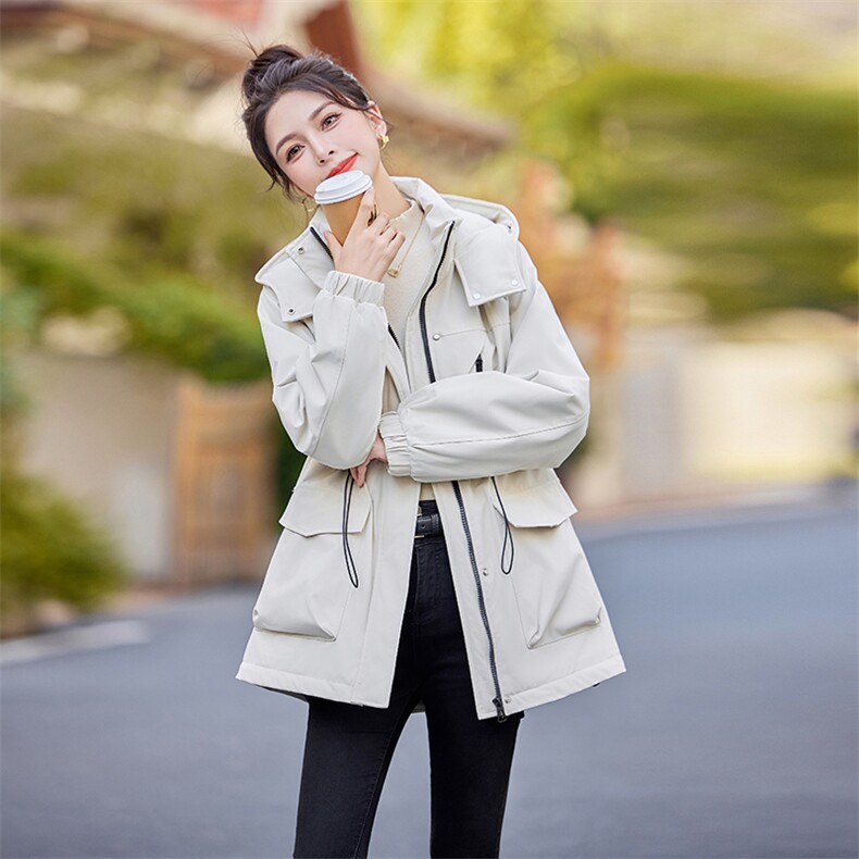 工装风连帽中长款外套女2025冬季新款设计感加绒保暖收腰时尚棉服，女装派克服，艾瑞儿