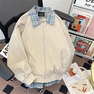 5211-P60 2025美式复古格子拼接假两件夹克男女设计感情侣工装图片