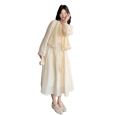 独特漂亮蕾丝马甲长袖连衣裙套装女2025春季新款名媛超好看两件套，女装套装/套裙，浙宝203