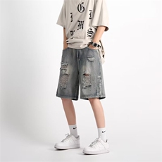 美式高街破洞牛仔短裤男女夏季做旧直筒宽松潮阔腿五分裤5581-p42，男装牛仔裤，星座1008-1
