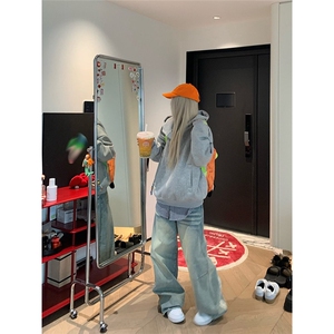 美式水洗做旧设计感刺绣弯刀牛仔裤宽松直筒阔腿拖地长裤子NB225图片