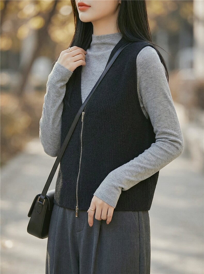 2026年秋季时尚百搭通勤简约休闲拉链开衫马甲，女装马甲，羿纯羊绒