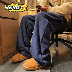 美式摇粒绒裤子男冬季潮牌宽松加绒加厚保暖棉裤直筒休闲长裤