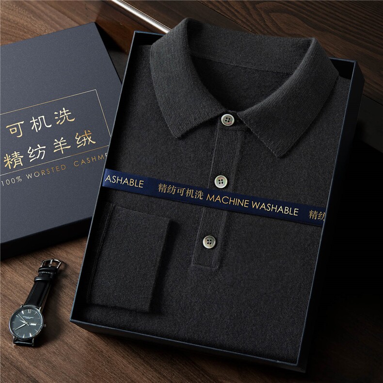 2025年秋季套头常规款时尚都市衬衫领宽松POLO长袖,男装羊绒套衫,曼云男装羊绒