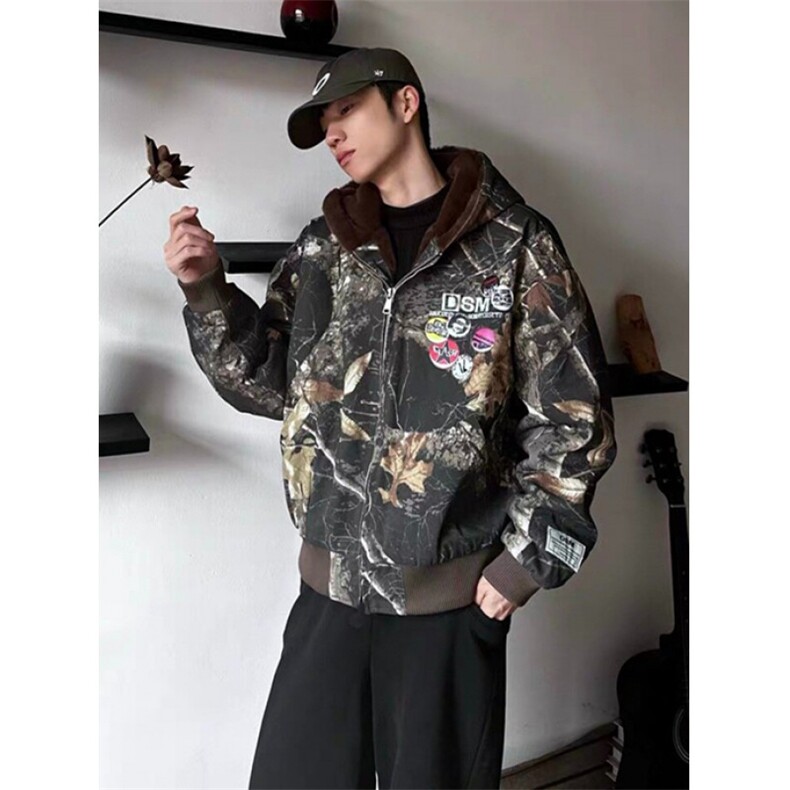 连帽牛仔棉服男女重磅迷彩树枝座山雕加绒加厚夹克外套JK64,男装夹克,星座1116A（原606A-3）