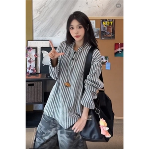 小香风亨利领卫衣男春秋季2025新款美式复古鱼骨纹撞色宽松上衣服图片