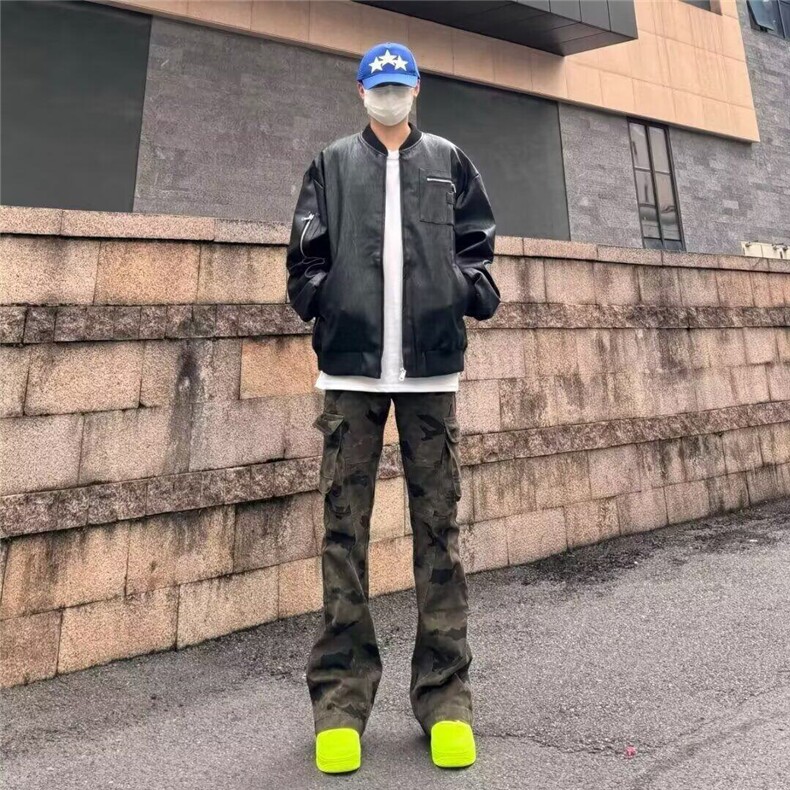 潮牌痞帅迷彩直筒工装裤男款春季裤子微喇vibe弯刀修身百搭牛仔裤,男装牛仔裤,星座1008