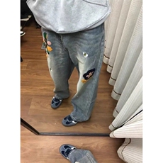 美式浅蓝色重工水洗磨破钩花刺绣裤破洞直筒宽松牛仔裤男女长裤潮，男装牛仔裤，星座506A