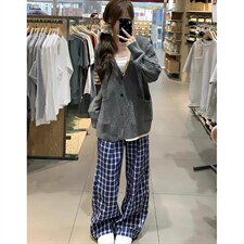 美式高街潮牌男女泡泡格子休闲裤直筒宽松慵懒显瘦阔腿休闲长裤子，男装休闲裤，电商A443