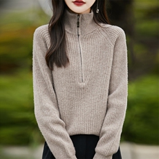 秋冬季羊毛加厚半高拉链肌理感竖条纹简约羊毛衫，女装羊毛衫，忠诺羊绒