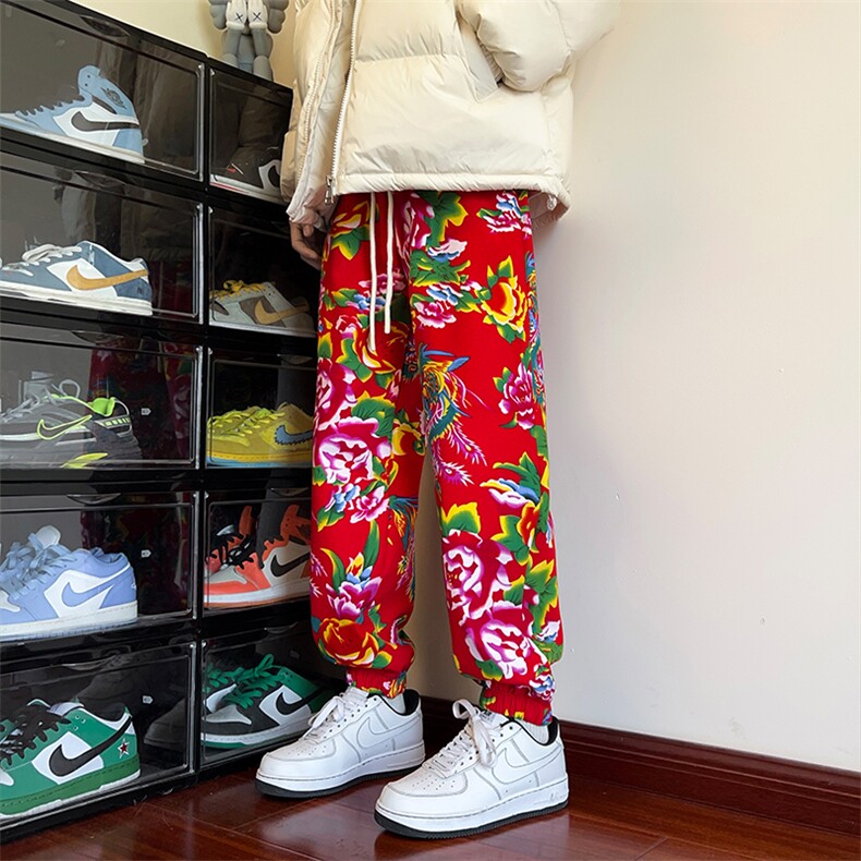 02民族风东北大花加绒加厚宽松束脚裤棉裤潮XZ211-1-K2373-P55，男装棉裤，星座211-1