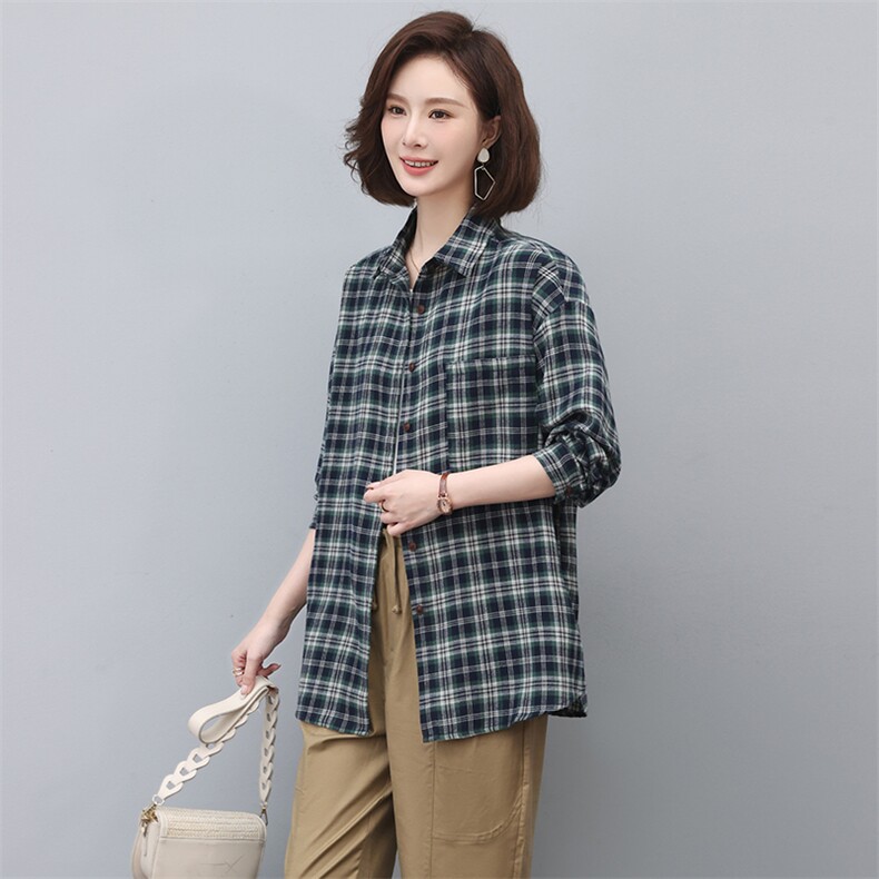 格子衬衫女长袖2025新款春秋衬衣春款漂亮小衫妈妈上衣,女装衬衫,忆绮罗