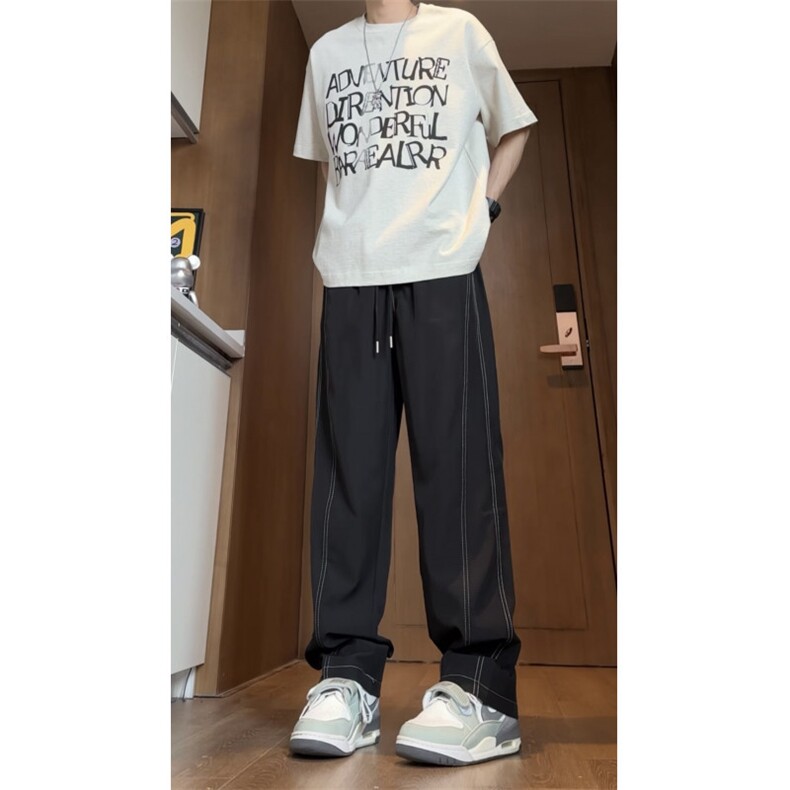 黑色垂感阔腿裤夏季薄款凉感冰丝裤子男设计感弯刀裤310A-510-P20,男装休闲裤,四季星座310A