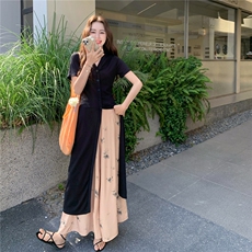 夏季新款黑色设计感开叉长款短袖上衣新中式印花阔腿裤两件套装女，女装套装/套裙，2C307