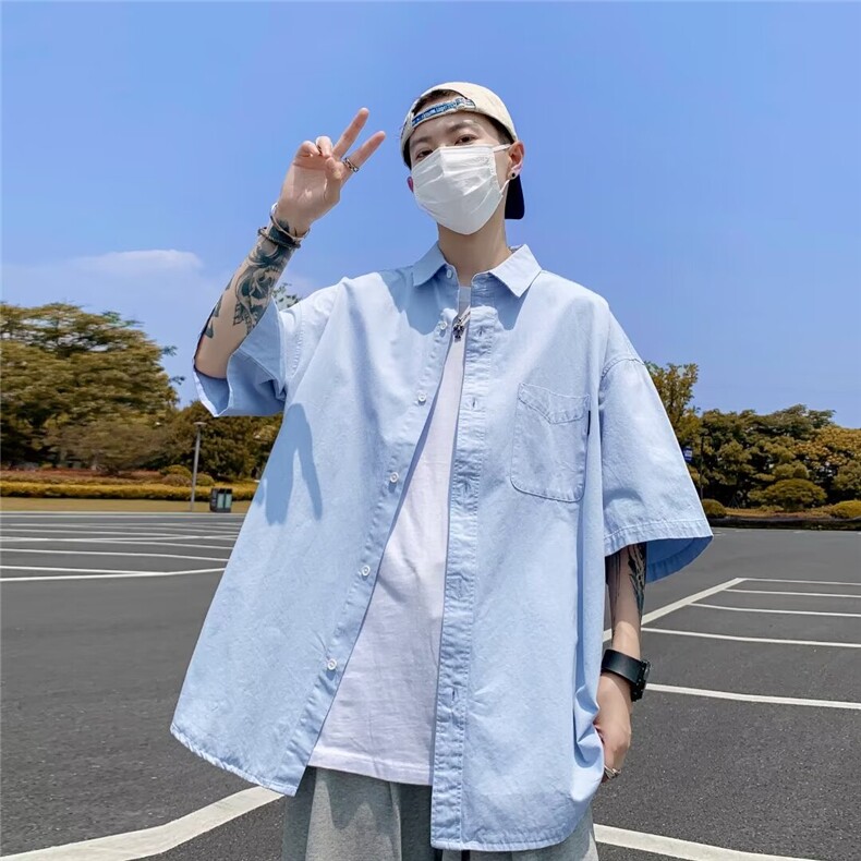 基础款开衫纽扣白衬衫短袖男女款风纯色五分袖垂感翻领衬衣C316,男装衬衫,星座1116A-1（原606A）