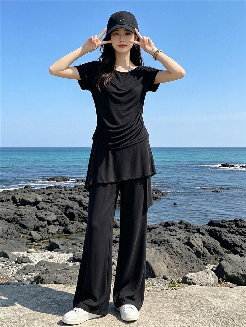 韩版时尚休闲套装女夏季新款斜肩收腰短袖上衣蕾丝屁帘长裤两件套,女装套装/套裙,江南