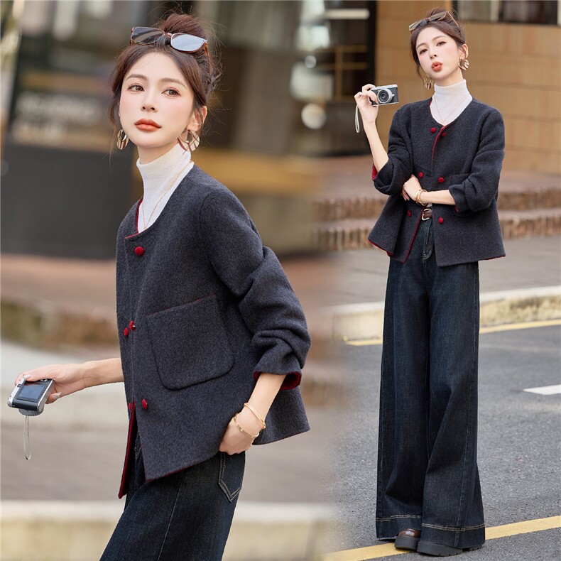 羊毛双面毛呢外套小个子短款女2025年冬季新款洋气百搭羊毛大衣,女装毛呢外套,韩宇舍