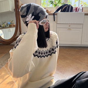重磅秋冬装北极绒套头毛衣美式复古休闲慵懒风提花工艺针织衫外套图片