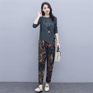 2025春装休闲套头针织长袖花色修身长裤套装套裤，女装套装/套裙，施恩睿棋