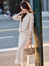 【现货】2025年秋季新款拼接网纱毛衣半身裙气质显瘦套装，女装套装/套裙，辉煌依升