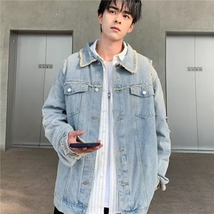 复古毛边做旧牛仔外套男女春秋宽松休闲百搭工装夹克上衣680/P55图片