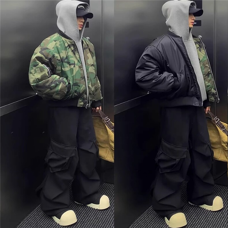 美式高街飞行员两面穿迷彩棉服男女冬季boomber加厚短款棉衣外套,男装棉衣,星座506A
