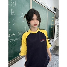 夏季美式高街重磅纯棉三条杠织带插肩撞色男女短袖T恤CZ80-特P25，男装T恤，电商A486
