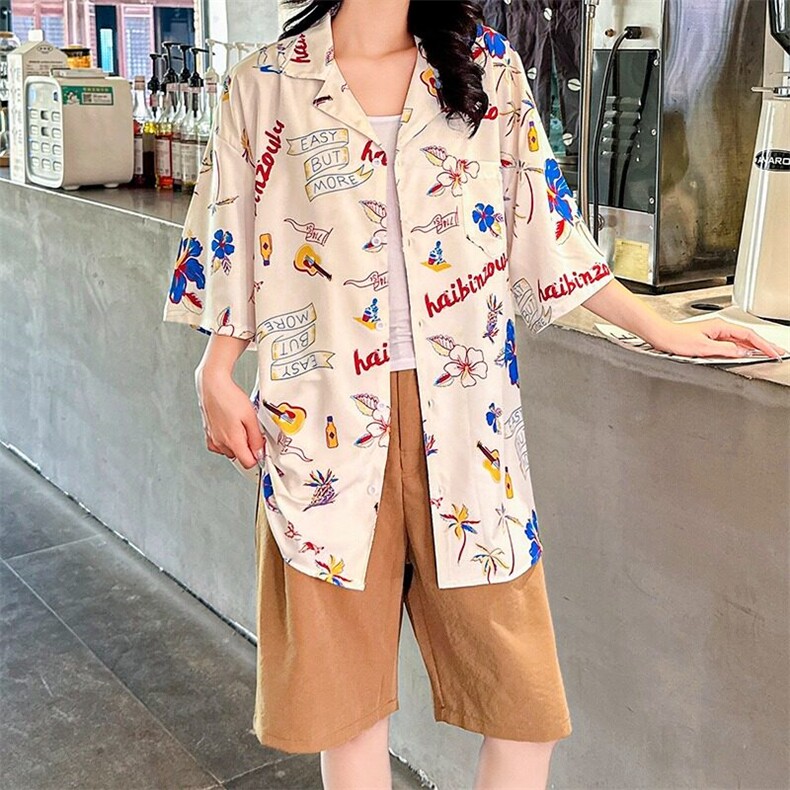 度假套装复古花衬衫短袖男女情侣装痞帅碎花沙滩休闲CS108/P32,女装衬衫,星座506