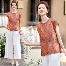 现货简约时尚精致细边中式圆领人丝凉爽夏季丝麻巨好看两件套香云，女装套装/套裙，木橙西子