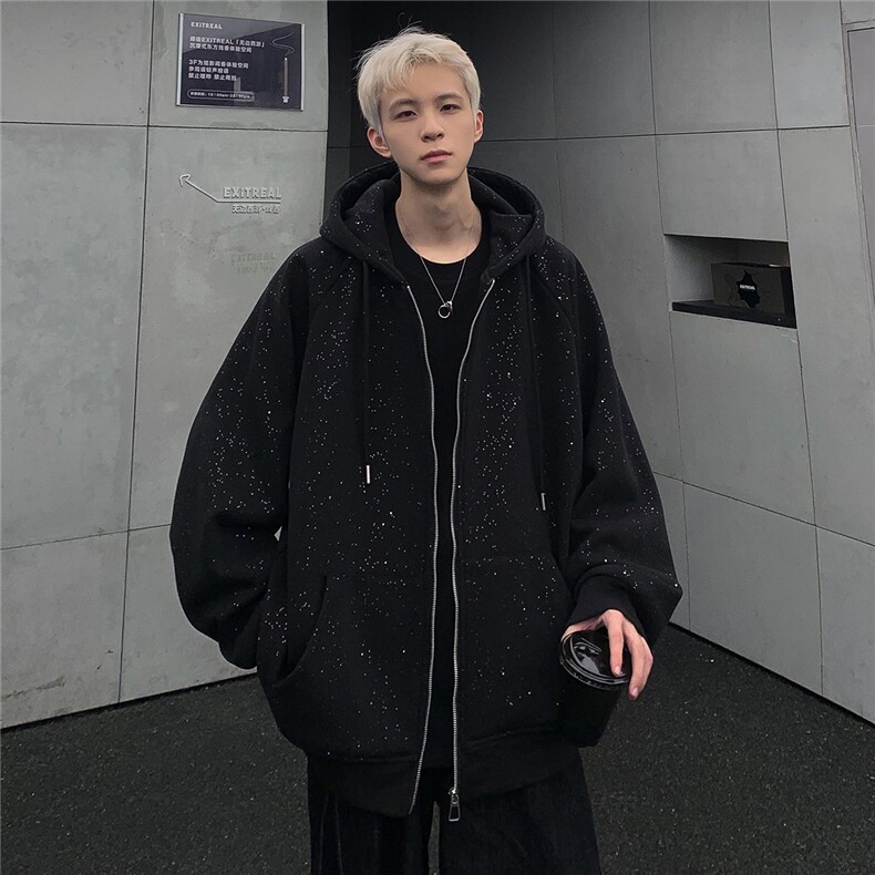 满天星开衫连帽黑色卫衣男女春秋季两片情侣拉链外套JK90-P78,女装短外套,电商C307A