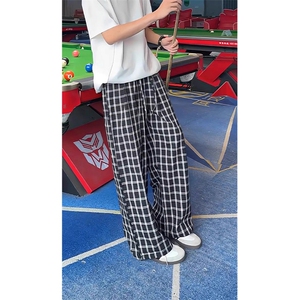 美式高街潮牌男女泡泡格子休闲裤直筒宽松慵懒显瘦阔腿休闲长裤子图片