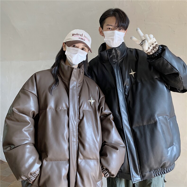 港风PU皮棉衣情侣装男装立领棉衣宽松棉服冬装外套G1071P128,男装棉衣,电商A339