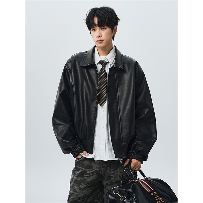 美式简约短款垫肩皮衣夹克男生秋冬高质感棉服外套JK3652-特P78,男装夹克,电商B295