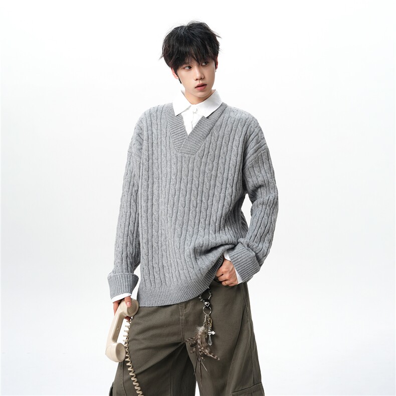 wassuphappy假两件毛衣男冬季潮牌衬衫领针织外套宽松保暖打底衫，男装针织衫/毛衣，电商B312