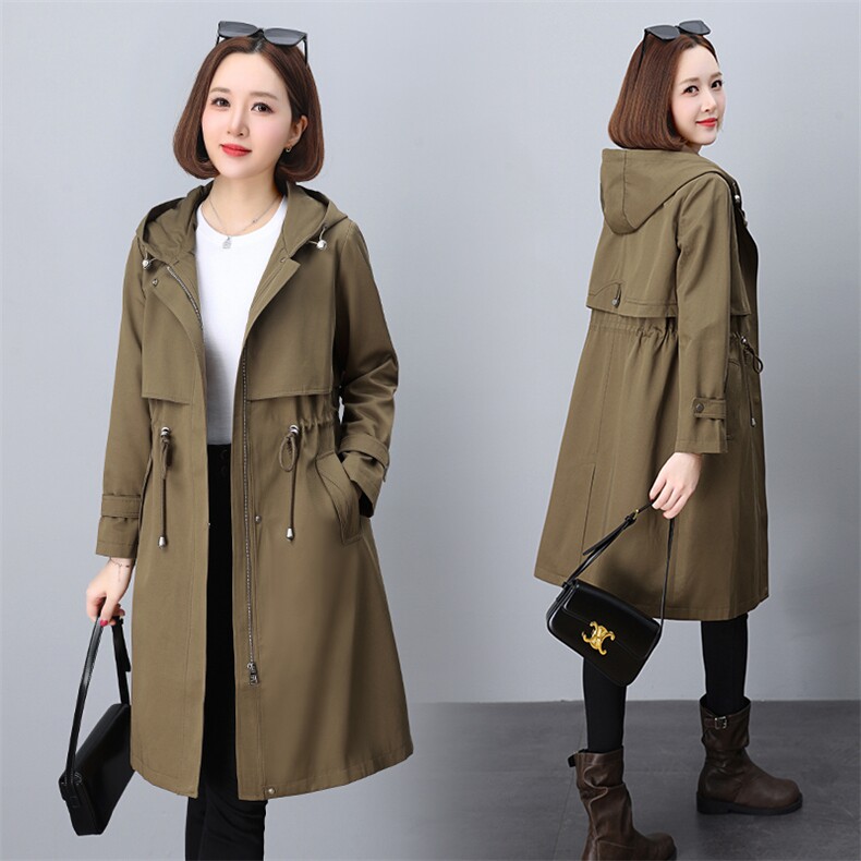 中长款风衣外套女春秋季韩版连帽抽绳拼接休闲大码宽松女装上衣女，女装风衣，玛其路