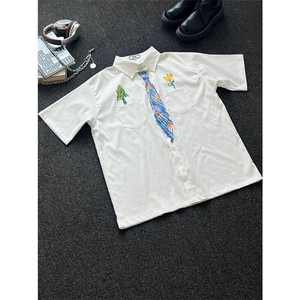 设计感领带涂鸦白色衬衫短袖男女夏季趣味学院风衬衣WLC544-P35图片