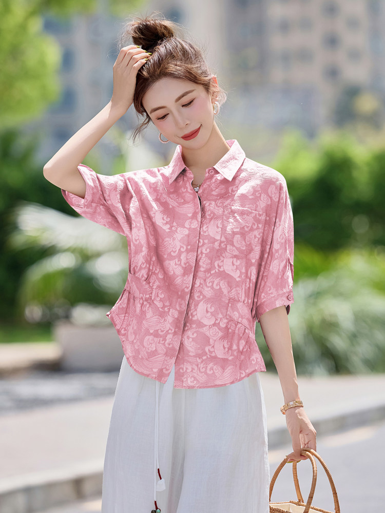 时尚大码女2025夏季高级感妈妈装天丝衬衫超好看宽松遮肉印花上衣,女装衬衫,余墨