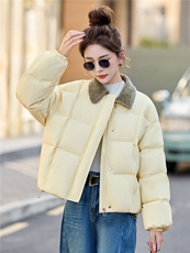 新款冬季撞色拼接翻领领羽绒服2025年冬季时尚潮流，女装羽绒服，鑫鑫美