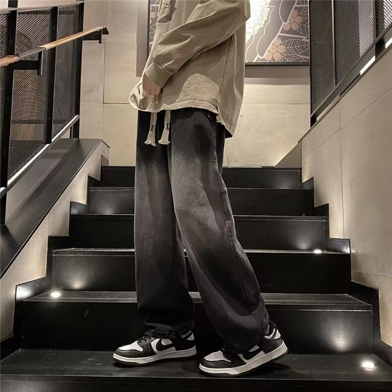 美式高街vibe黑色渐变抽绳牛仔裤男oversize潮牌直筒裤子-NK701图片