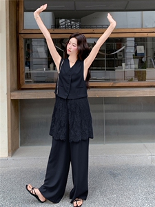 韩系松弛感蕾丝拼接马甲套装女2026夏季新款休闲阔腿裤两件套图片