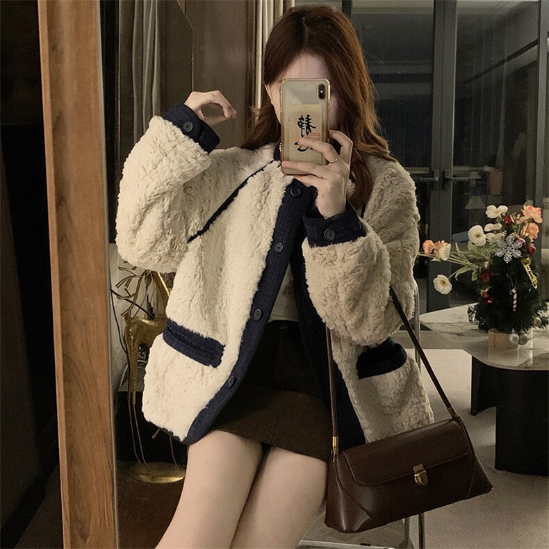 C915-P135 美式复古羊羔毛外套短款2025新款小香风拼接羊羔绒棉服图片