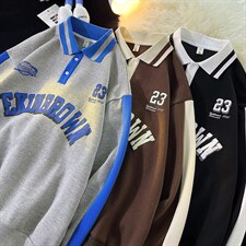 港风中性风平铺POLO领卫衣情侣大码M-5XL休闲套头卫衣男C7720P55，男装Polo衫，星座227-7