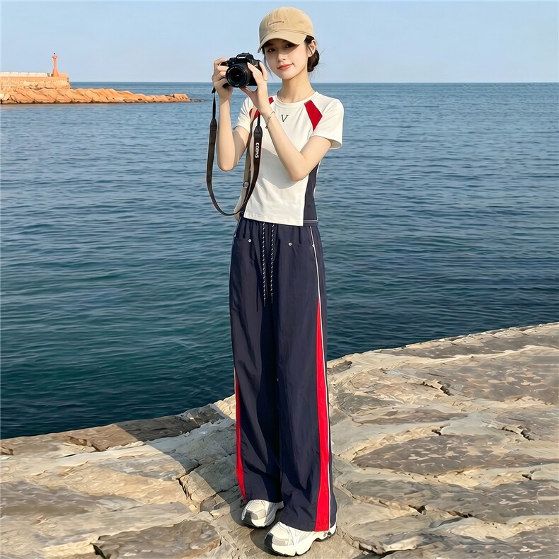 潮流时尚休闲运动套装女夏季新款显瘦竖纹圆领短袖上衣长裤两件套,女装套装/套裙,江南