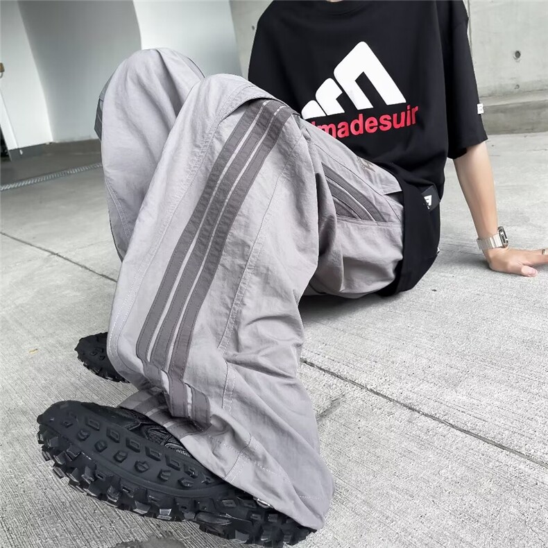 港风夏款男速干裤三条杠条纹拼色字母印花束脚冲锋裤h2844 P45图片