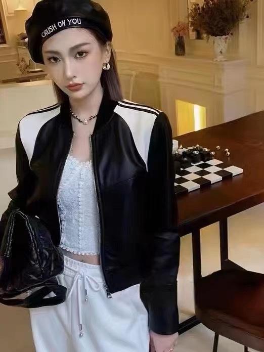 2023新款欧洲站洋气拼接布皮衣外套,女装皮衣,L·H·X